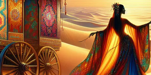 A vibrant desert scene featuring a beautifully adorned caravan and a dancing female protagonist in colorful attire.