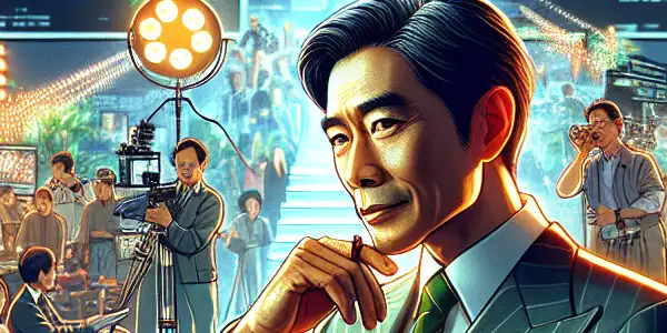 A powerful film tycoon oversees production in a high-tech Japanese adult film studio, surrounded by creative professionals.