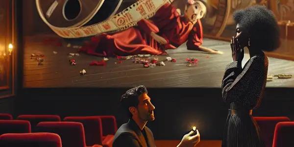 A romantic proposal in a dimly lit private cinema, featuring a surprised couple and elegant decor.