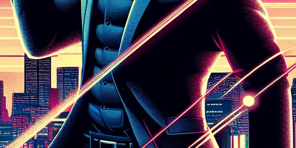 A suave undercover agent in a tactical outfit stands confidently with a firearm against a neon-lit Tokyo skyline.