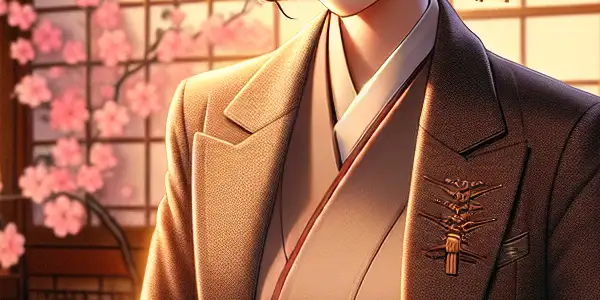 A stylish character in a school uniform, set in an intimate Japanese room with cherry blossoms and warm lighting.