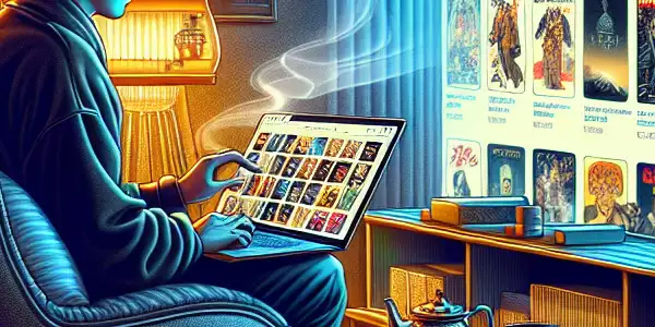 A person browsing classic Japanese adult films on a laptop in a cozy, modern home setting.