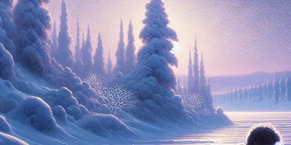 A couple embraces passionately in a snowy landscape, surrounded by swirling snowflakes and shadowy pine trees.