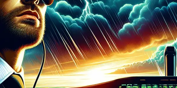 A heroic pilot in a cockpit faces a crisis, surrounded by turbulent clouds and anxious passengers.