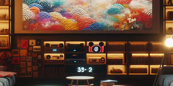 A cozy home theater with a projector screen, plush seating, film memorabilia, and warm, inviting lighting.