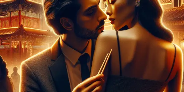 A romantic couple in an intimate setting, surrounded by warm lighting and hints of adventure, conveying deep emotional connection.