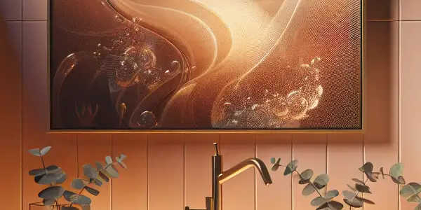 A serene bathroom scene promoting personal hygiene with elegant cleaning products and a hint of adult entertainment ambiance.