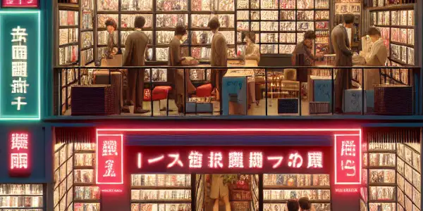 A vibrant adult entertainment store filled with DVDs, neon lights, and a diverse crowd exploring the aisles.