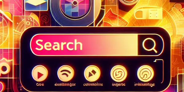 A high-tech search engine interface featuring vibrant colors, film reels, and playful icons representing adult content categories.