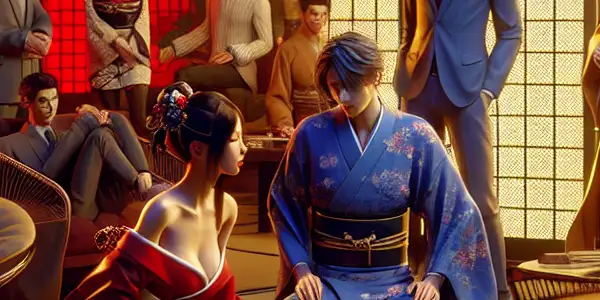 A diverse group of actors playfully engaged in a dynamic role-playing scenario within a modern, culturally blended set.