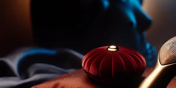 An elegant display of a modern vibrator surrounded by soft lighting, plush pillows, and a loving couple's silhouette.