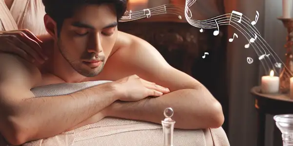 A serene scene of intimate caregiving, featuring a caregiver gently massaging a relaxed recipient in a softly-lit room.