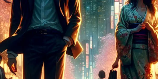 A passionate moment between two stylish characters at a romantic urban intersection, surrounded by cherry blossoms and neon lights.