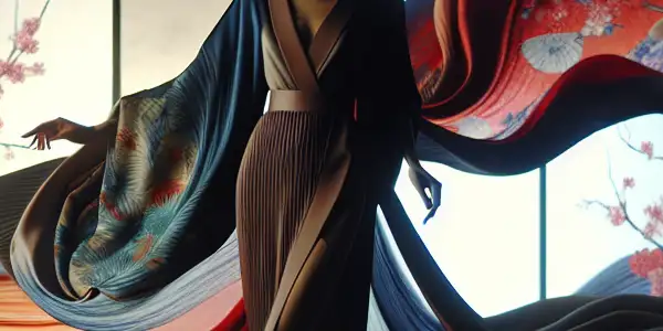 A stylish model in a flowing, vibrant outfit poses in an intimate, softly lit setting with Japanese design elements.