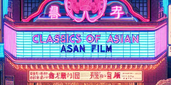 A vibrant cinema scene featuring a marquee for "Japanese AV Classics" and a diverse audience engaged in the experience.
