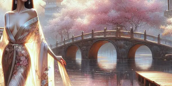 A serene river scene with a graceful Asian woman, cherry blossoms, and hints of traditional Eastern architecture.